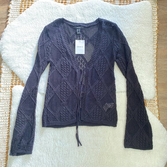 Boho Knit Crochet Sweater Tie Front Long Sleeve Top - Size Small - Picture 8 of 11